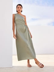 Sage Green One Shoulder Cut Out Midi Dress - Image 2 of 5