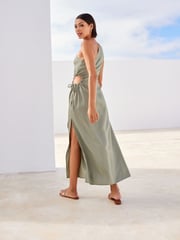 Sage Green One Shoulder Cut Out Midi Dress - Image 3 of 5