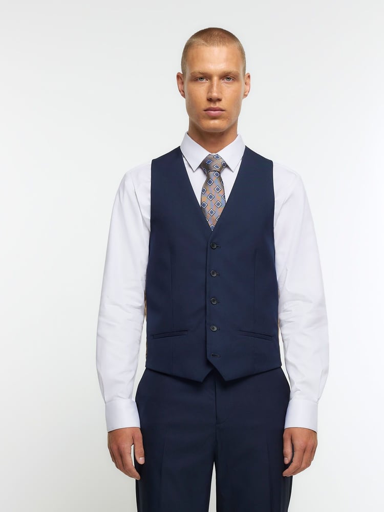 River Island Dark blue Skinny Fit Twill 100% Cotton Waistcoat - Image 1 of 5 River Island Dark blue Skinny Fit Twill 100% Cotton Waistcoat - Image 1 of 5