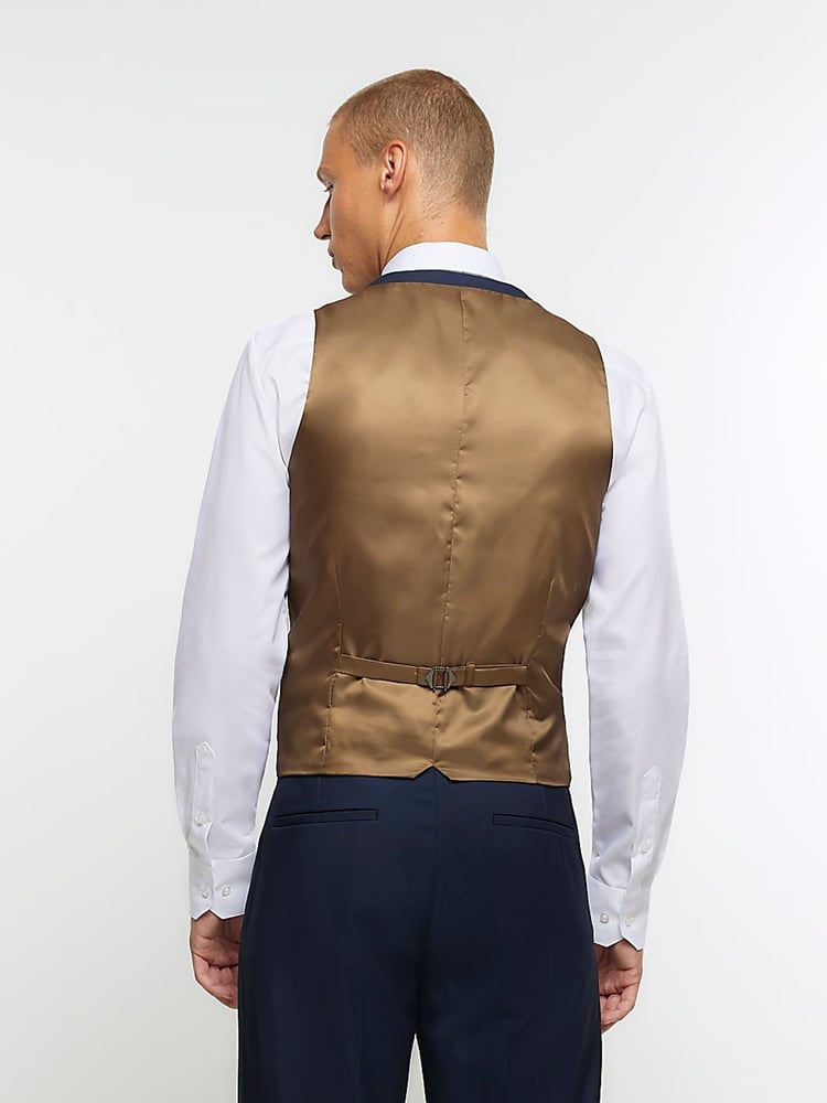 River Island Dark blue Skinny Fit Twill 100% Cotton Waistcoat - Image 2 of 5 River Island Dark blue Skinny Fit Twill 100% Cotton Waistcoat - Image 2 of 5