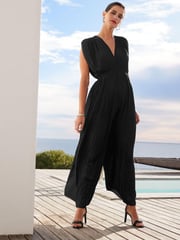 Black Pleated Short Sleeve Jumpsuit - Image 1 of 5