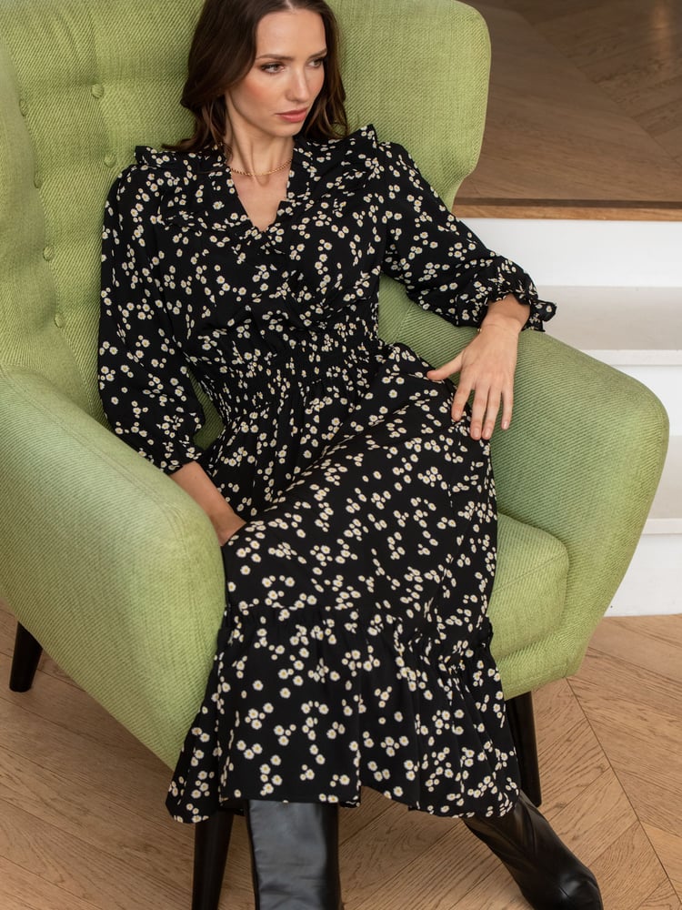 Pour Moi Black Daisy Print Maggie Dress - Image 1 of 4