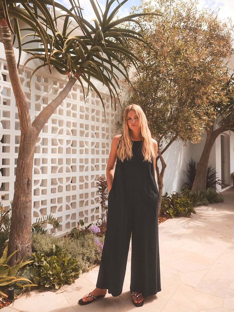Black 100% Cotton Sleeveless Jumpsuit - Image 1 of 6