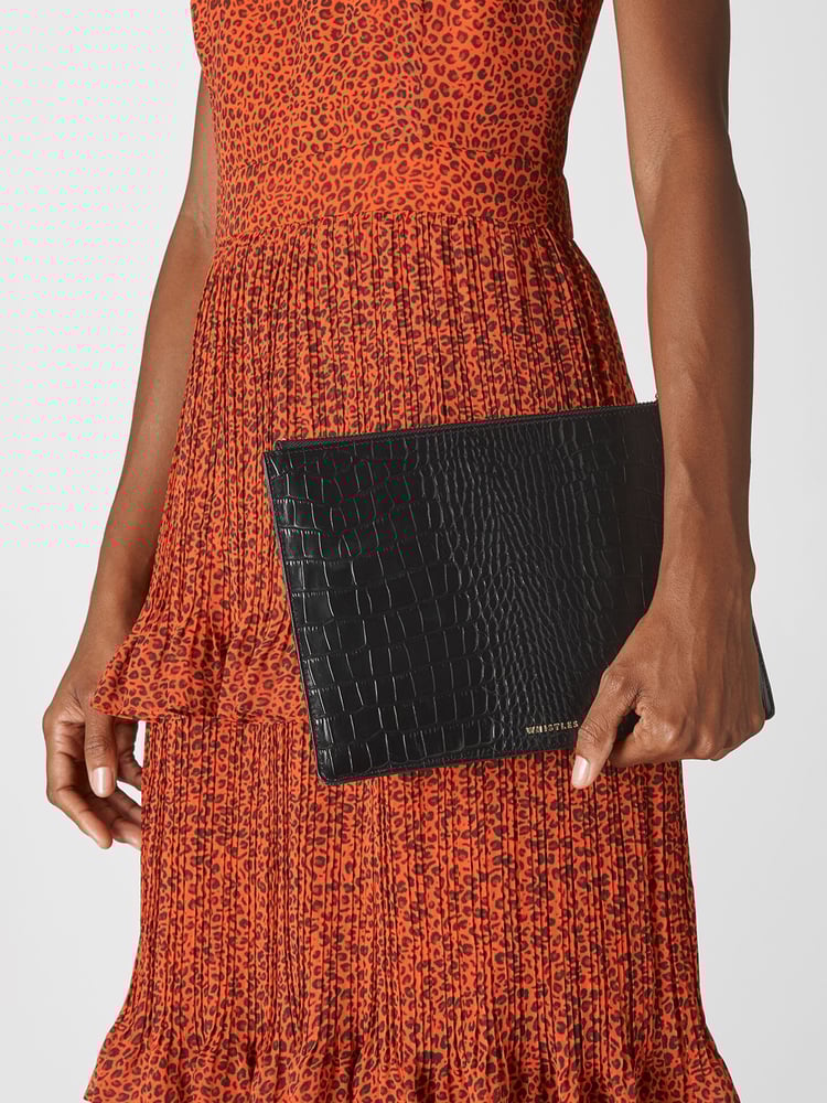 Whistles Black Medium Shiny Croc Effect Clutch Bag - Image 1 of 4
