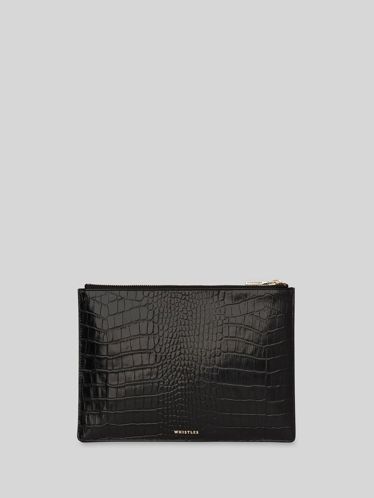 Whistles Black Medium Shiny Croc Effect Clutch Bag - Image 2 of 4