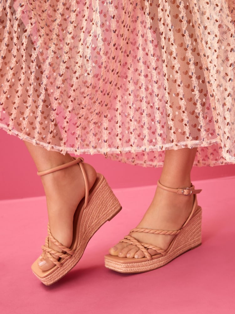 Nude Forever Comfort® Twist Strap Detail Square Toe Wedge Sandals - Image 1 of 6