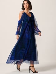 Navy Blue Floral Crinkle Mesh Volume Cami Maxi Dress - Image 1 of 4