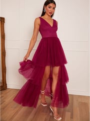 Chi Chi London Red V-Neck Tiered Tulle Dip Hem Dress - Image 1 of 5