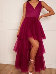 Chi Chi London Red V-Neck Tiered Tulle Dip Hem Dress - Image 4 of 5