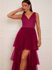 Chi Chi London Red V-Neck Tiered Tulle Dip Hem Dress - Image 5 of 5