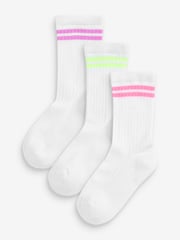 White with fluorescent stripe Regular Length Cotton Rich Cushioned Sole Ankle Socks 3 Pack - Image 1 of 4