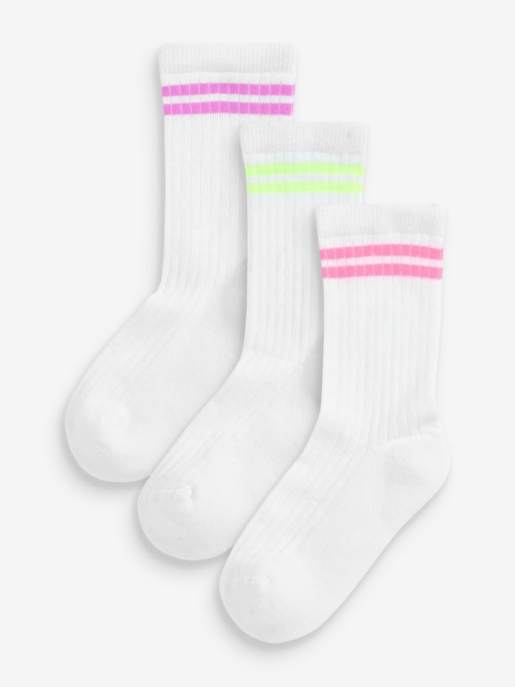 White with fluorescent stripe Regular Length Cotton Rich Cushioned Sole Ankle Socks 3 Pack - Image 1 of 4