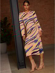 Chi Chi London Pink/Blue Abstract Stripe Ruched Side Knitted Midi Dress - Image 1 of 4