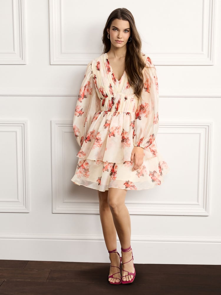 Cream Floral Print Long Sleeve Tiered Mini Dress - Image 1 of 5