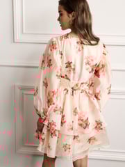 Cream Floral Print Long Sleeve Tiered Mini Dress - Image 2 of 5