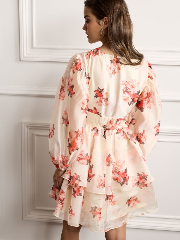 Cream Floral Print Long Sleeve Tiered Mini Dress - Image 2 of 5