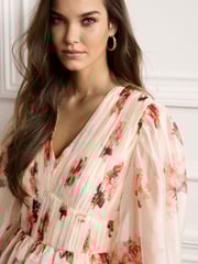 Cream Floral Print Long Sleeve Tiered Mini Dress - Image 3 of 5
