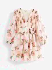 Cream Floral Print Long Sleeve Tiered Mini Dress - Image 4 of 5