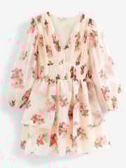 Cream Floral Print Long Sleeve Tiered Mini Dress - Image 5 of 5