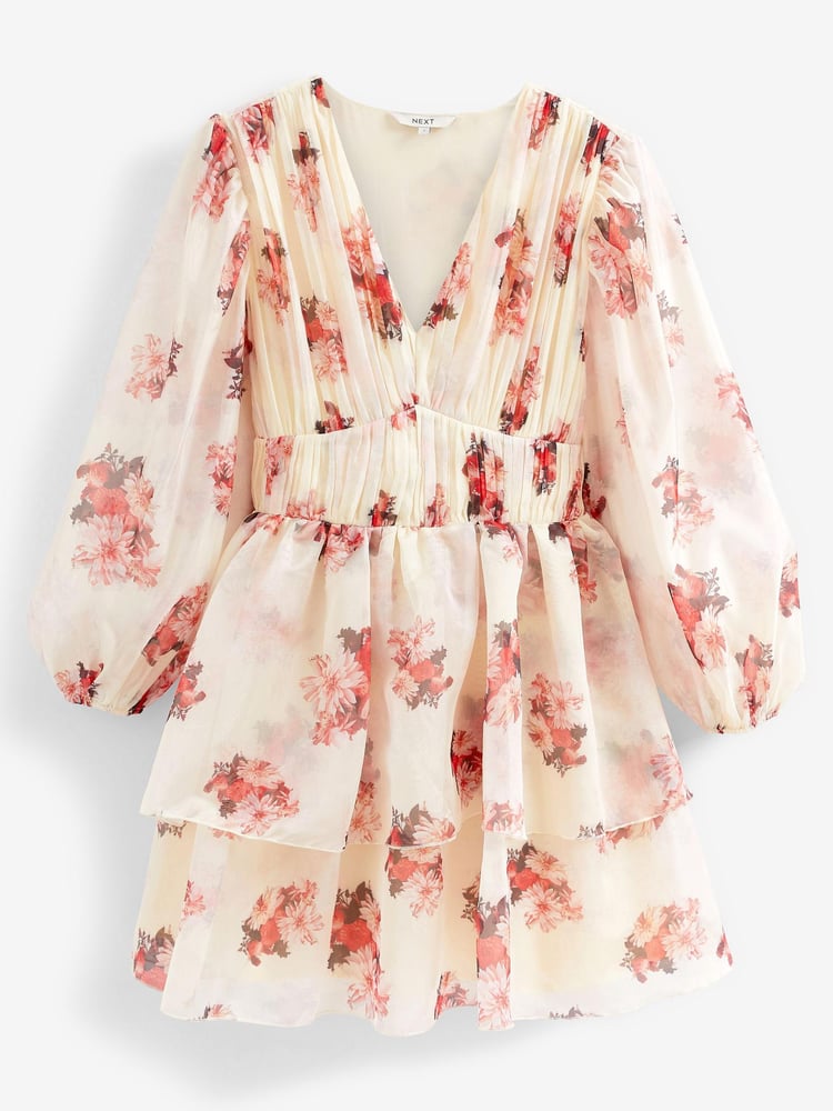 Cream Floral Print Long Sleeve Tiered Mini Dress - Image 5 of 5