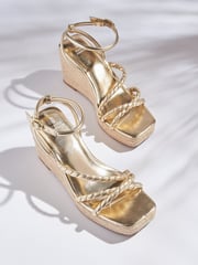 Gold Forever Comfort® Twist Strap Detail Square Toe Wedge Sandals - Image 1 of 6