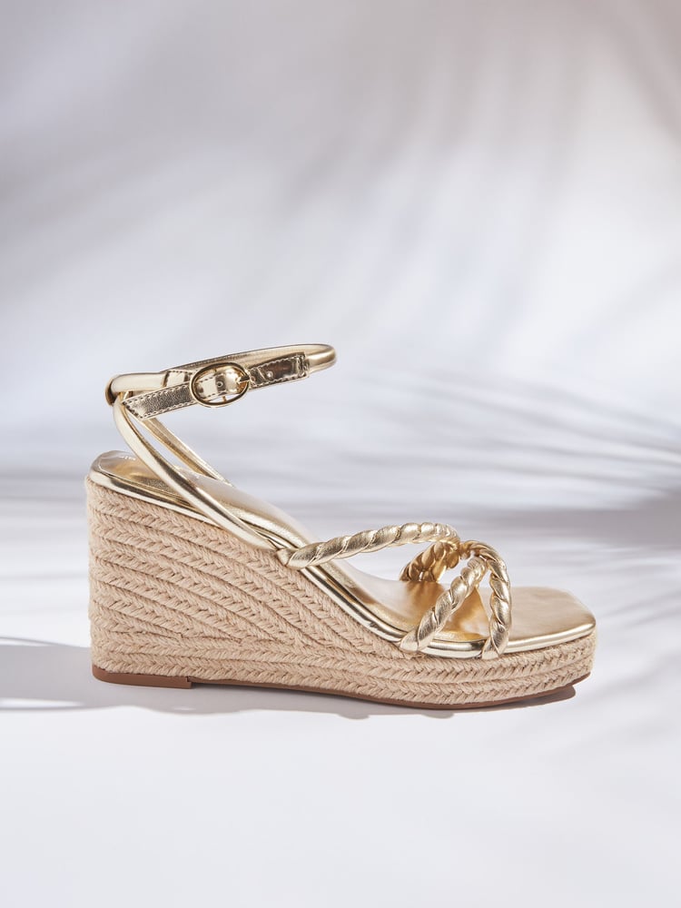 Gold Forever Comfort® Twist Strap Detail Square Toe Wedge Sandals - Image 2 of 6
