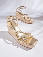 Gold Forever Comfort® Twist Strap Detail Square Toe Wedge Sandals - Image 4 of 6