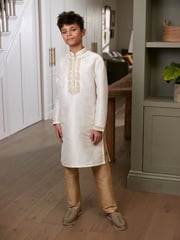Ivory Cream/Gold Regular Length Embroidered Boys Kurta (3-16yrs) - Image 1 of 7