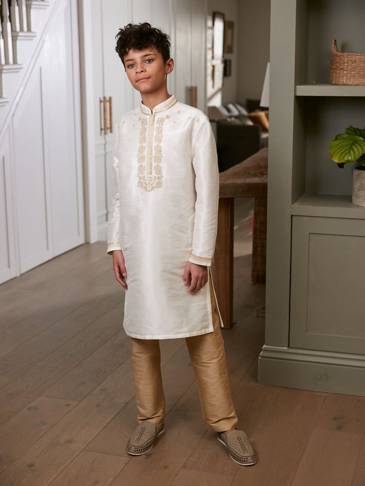 Ivory Cream/Gold Regular Length Embroidered Boys Kurta (3-16yrs) - Image 1 of 7 Ivory Cream/Gold Regular Length Embroidered Boys Kurta (3-16yrs) - Image 1 of 7