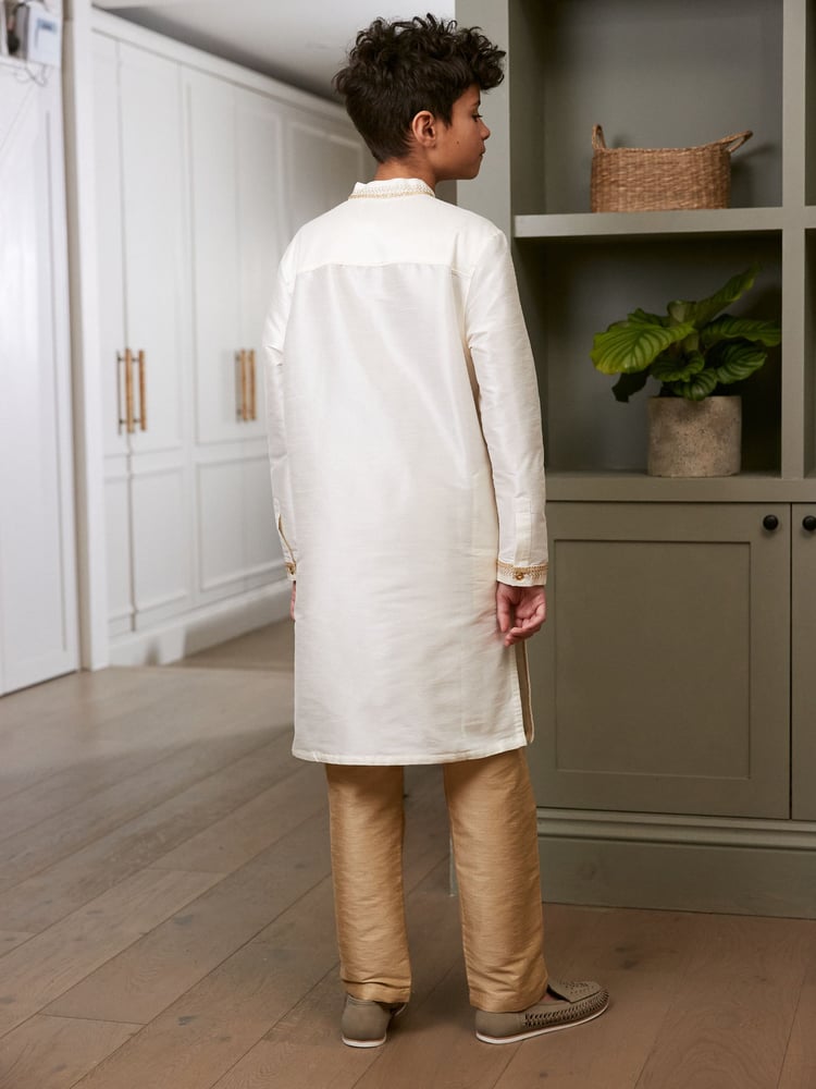 Ivory Cream/Gold Regular Length Embroidered Boys Kurta (3-16yrs) - Image 2 of 7 Ivory Cream/Gold Regular Length Embroidered Boys Kurta (3-16yrs) - Image 2 of 7