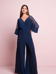 Navy Blue Woven Mix Short Sleeve Jumpsuit - Image 1 of 5