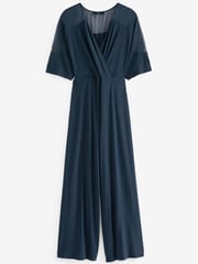 Navy Blue Woven Mix Short Sleeve Jumpsuit - Image 5 of 5