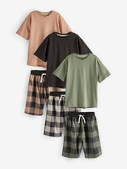 Black/Khaki/Blush 3 Pack 100% Cotton Woven Check Short Pyjamas (3-16yrs) - Image 1 of 2