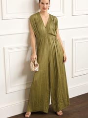 Khaki Green Pleated Short Sleeve Jumpsuit - Image 1 of 4