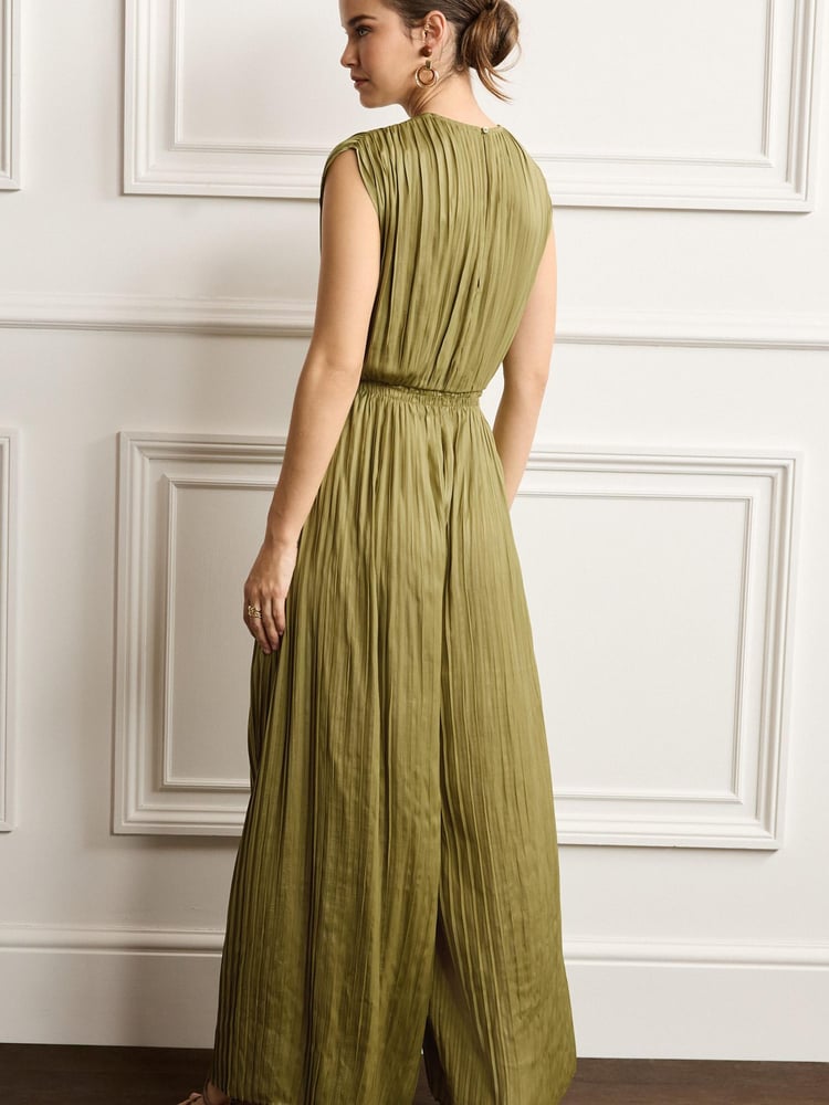 Khaki Green Pleated Short Sleeve Jumpsuit - Image 2 of 4