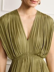 Khaki Green Pleated Short Sleeve Jumpsuit - Image 3 of 4