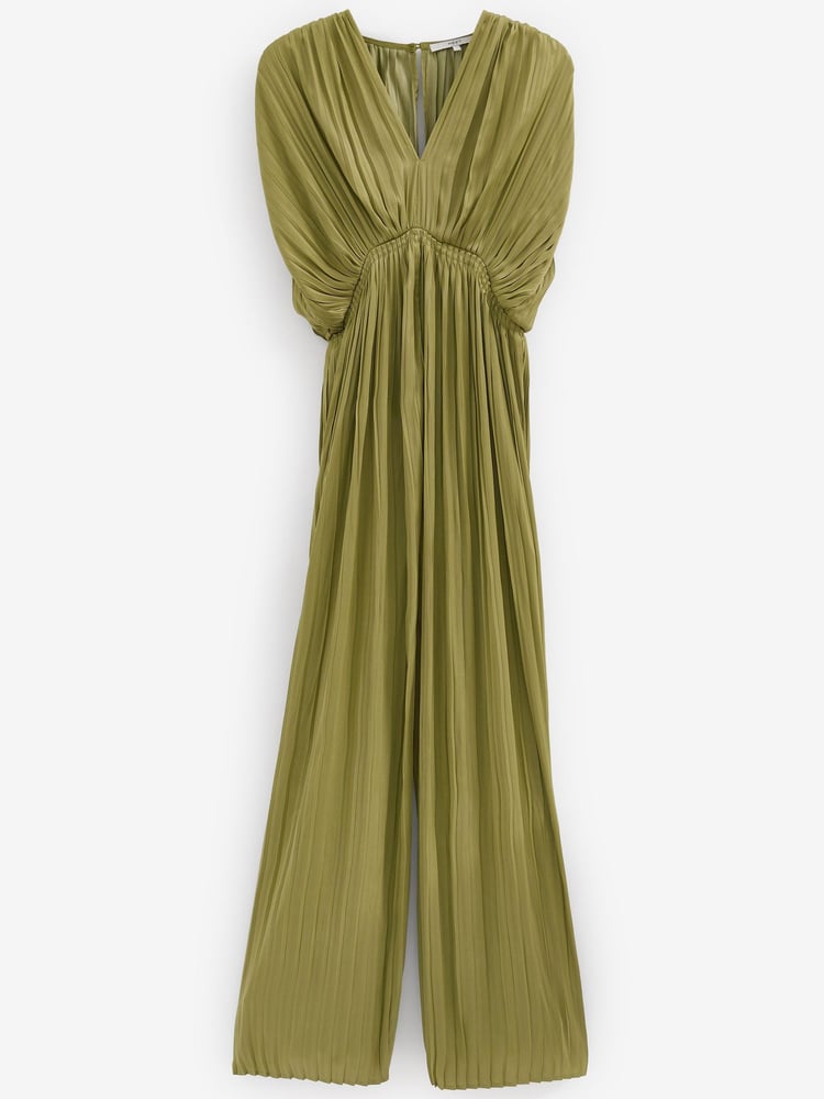 Khaki Green Pleated Short Sleeve Jumpsuit - Image 4 of 4