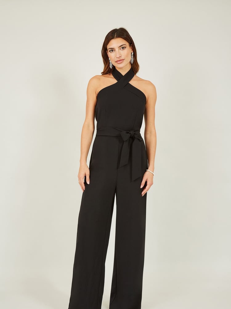 Mela Black Cross Over Halter Neck Jumpsuit - Image 1 of 4