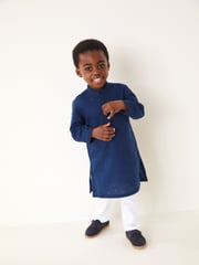 Navy Blue Regular Length Embroidered Boys Kurta (3mths-7yrs) - Image 3 of 12