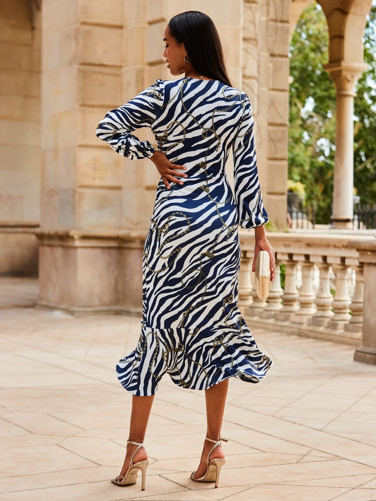 Sosandar Blue Pemplum Ruffle Wrap Dress - Image 2 of 5