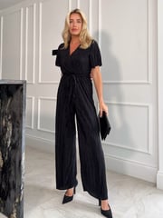 Girl In Mind Black Aaliyah Wide Leg Plisse Jumpsuit - Image 1 of 5