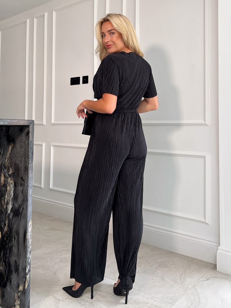 Girl In Mind Black Aaliyah Wide Leg Plisse Jumpsuit - Image 2 of 5