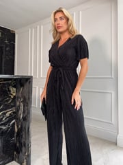 Girl In Mind Black Aaliyah Wide Leg Plisse Jumpsuit - Image 4 of 5