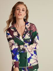 Green Patch Print Satin Button Front Blouse - Image 1 of 5