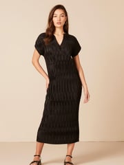 Black Short Sleeve Plisse Midi Dress - Image 1 of 5