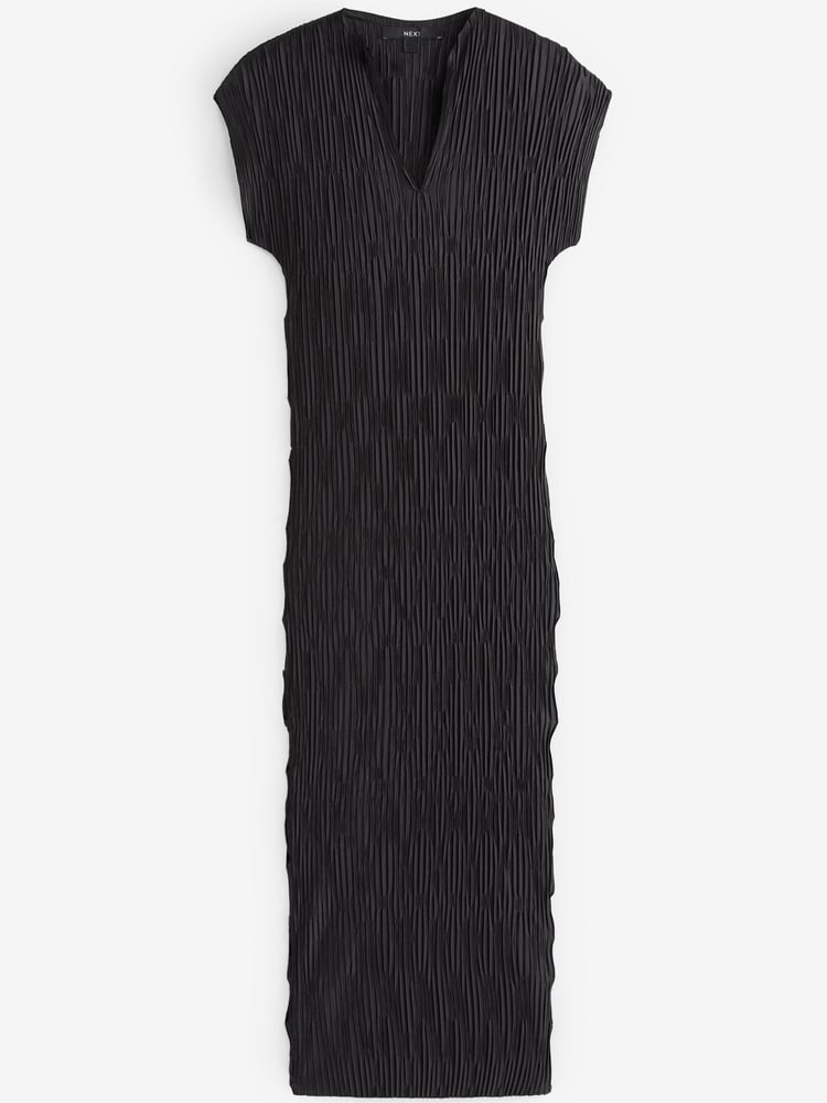 Black Short Sleeve Plisse Midi Dress - Image 5 of 5 Black Short Sleeve Plisse Midi Dress - Image 5 of 5