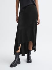 Reiss Black Inga Satin High Rise Midi Skirt - Image 1 of 6