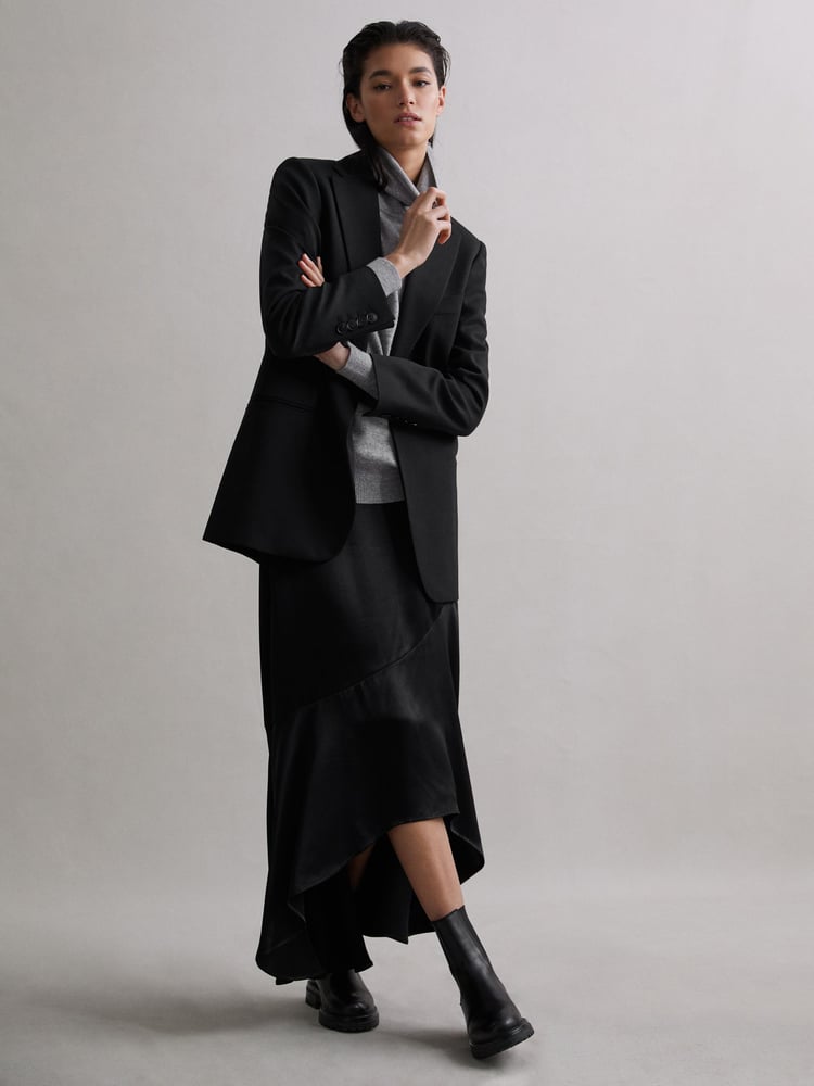 Reiss Black Inga Satin High Rise Midi Skirt - Image 6 of 6