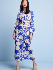 Blue Floral Satin Wrap Midi Skirt - Image 1 of 5