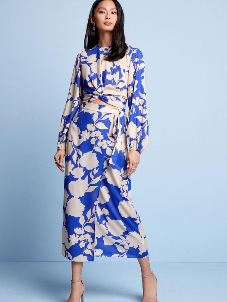 Blue Floral Satin Wrap Midi Skirt - Image 1 of 5 Blue Floral Satin Wrap Midi Skirt - Image 1 of 5